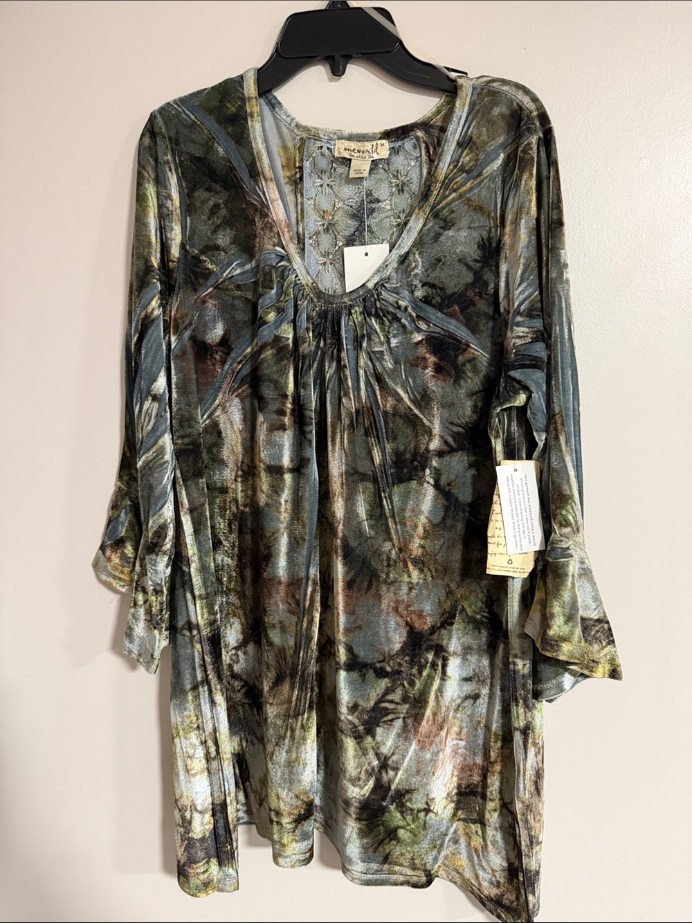 ONE WORLD Olive Multi-Color Velvet V-Neck Tunic